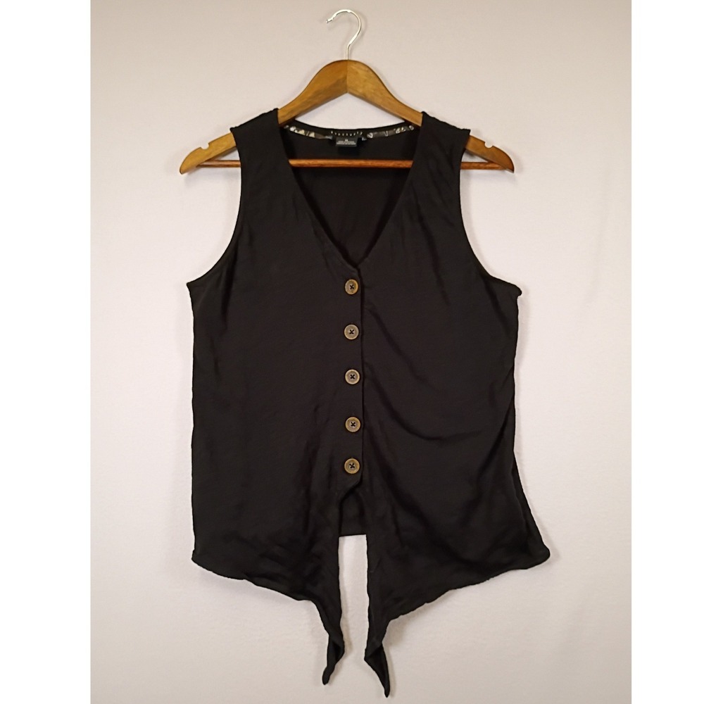 Boho Minimalist Sanctuary Women Medium Black Cotton Tie Front Button V-Neck Vest